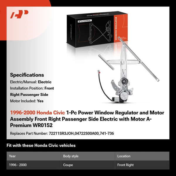 1996-2000 Honda Civic 1-Pc Power Window Regulator and Motor Assembly Front Right Passenger Side Electric with Motor A-Premium WR0152