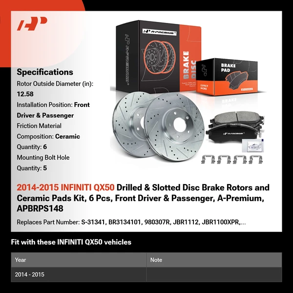 2014-2015 INFINITI QX50 Drilled & Slotted Disc Brake Rotors and Ceramic Pads Kit, 6 Pcs, Front Driver & Passenger, A-Premium, APBRPS148