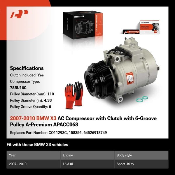 2007-2010 BMW X3 AC Compressor with Clutch with 6-Groove Pulley A-Premium APACC068