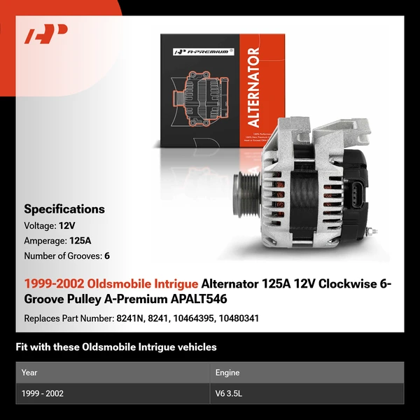1999-2002 Oldsmobile Intrigue Alternator 125A 12V Clockwise 6-Groove Pulley A-Premium APALT546