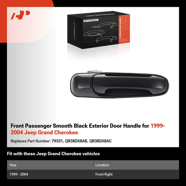 Front Passenger Smooth Black Exterior Door Handle for 1999-2004 Jeep Grand Cherokee