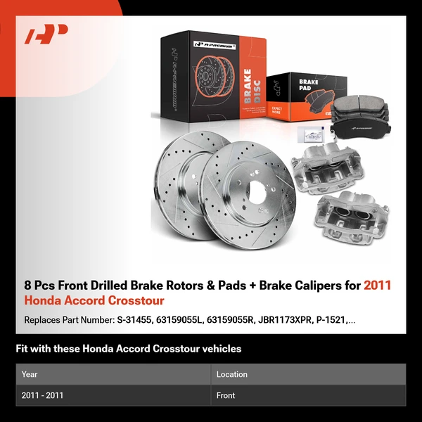 8 Pcs Front Drilled Brake Rotors & Pads + Brake Calipers for 2011 Honda Accord Crosstour