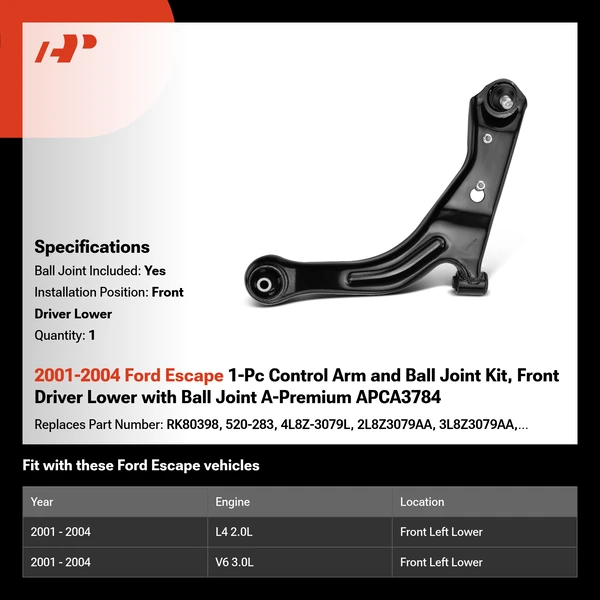 2001-2004 Ford Escape 1-Pc Control Arm and Ball Joint Kit, Front Driver Lower with Ball Joint A-Premium APCA3784