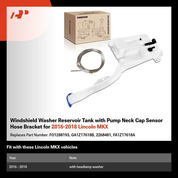 Windshield Washer Reservoir Tank with Pump Neck Cap Sensor Hose Bracket for 2016-2018 Lincoln MKX