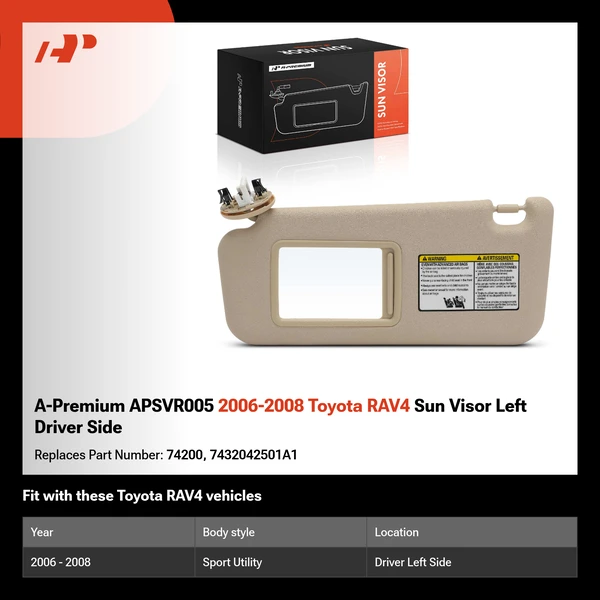 A-Premium APSVR005 2006-2008 Toyota RAV4 Sun Visor Left Driver Side