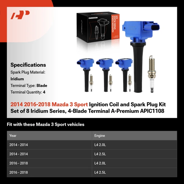 2014 2016-2018 Mazda 3 Sport Ignition Coil and Spark Plug Kit Set of 8 Iridium Series, 4-Blade Terminal A-Premium APIC1108