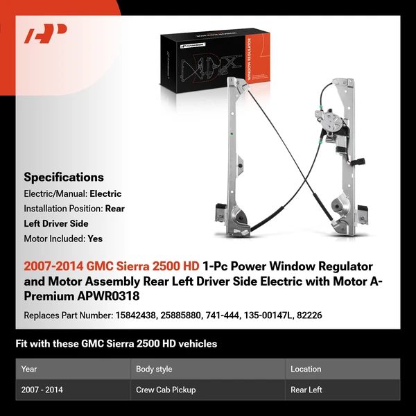 2007-2014 GMC Sierra 2500 HD 1-Pc Power Window Regulator and Motor Assembly Rear Left Driver Side Electric with Motor A-Premium APWR0318
