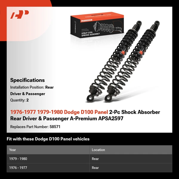 1976-1977 1979-1980 Dodge D100 Panel 2-Pc Shock Absorber Rear Driver & Passenger A-Premium APSA2597