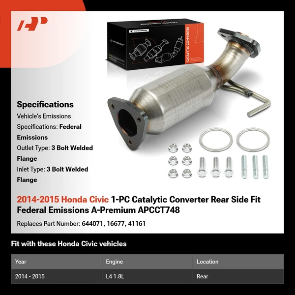 2014-2015 Honda Civic 1-PC Catalytic Converter Rear Side Fit Federal Emissions A-Premium APCCT748