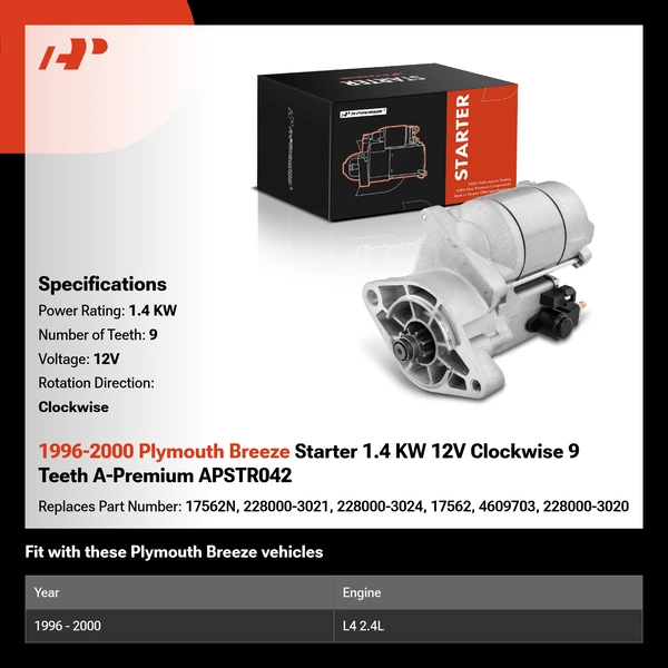 1996-2000 Plymouth Breeze Starter 1.4 KW 12V Clockwise 9 Teeth A-Premium APSTR042