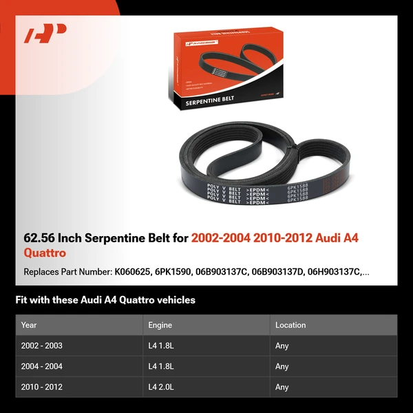 62.56 Inch Serpentine Belt for 2002-2004 2010-2012 Audi A4 Quattro