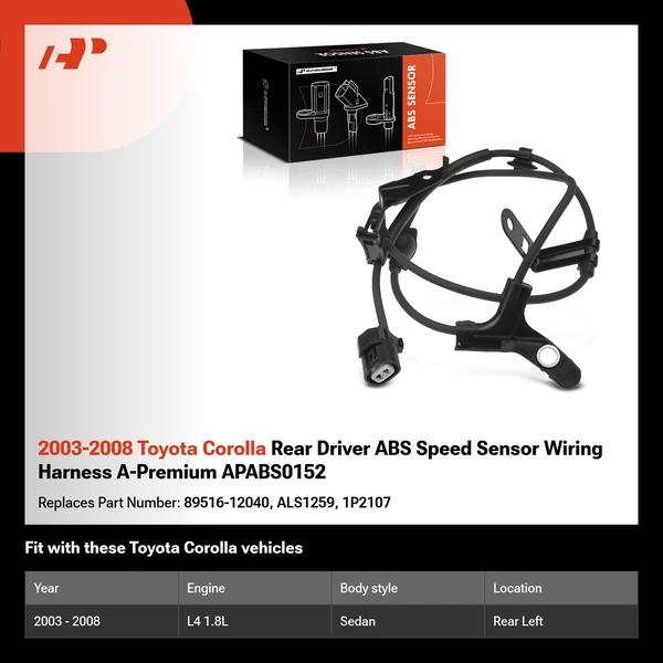 2003-2008 Toyota Corolla Rear Driver ABS Speed Sensor Wiring Harness A-Premium APABS0152