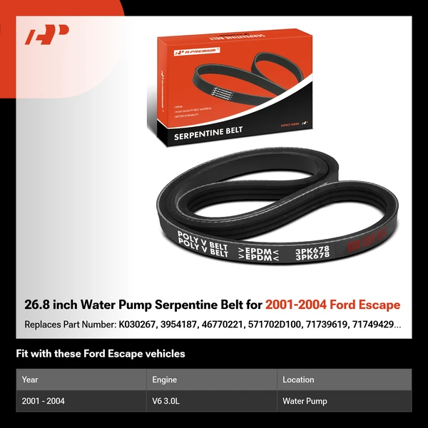 26.8 inch Water Pump Serpentine Belt for 2001-2004 Ford Escape