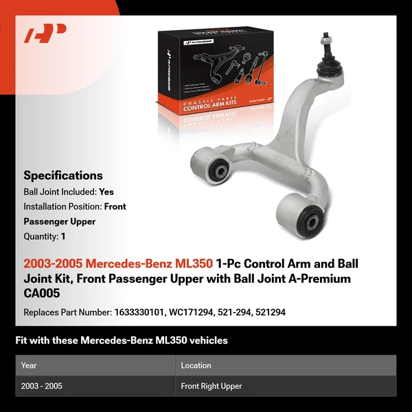 2003-2005 Mercedes-Benz ML350 1-Pc Control Arm and Ball Joint Kit, Front Passenger Upper with Ball Joint A-Premium CA005