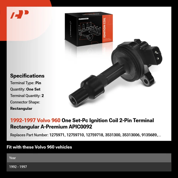 1992-1997 Volvo 960 One Set-Pc Ignition Coil 2-Pin Terminal Rectangular A-Premium APIC0092