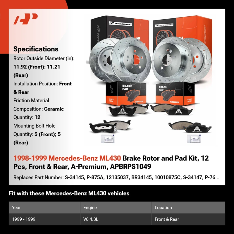 1998-1999 Mercedes-Benz ML430 Brake Rotor and Pad Kit, 12 Pcs, Front & Rear, A-Premium, APBRPS1049