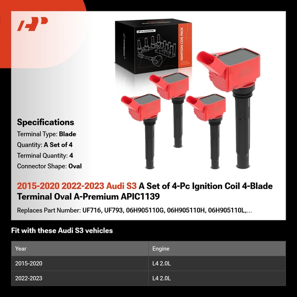 2015-2020 2022-2023 Audi S3 A Set of 4-Pc Ignition Coil 4-Blade Terminal Oval A-Premium APIC1139