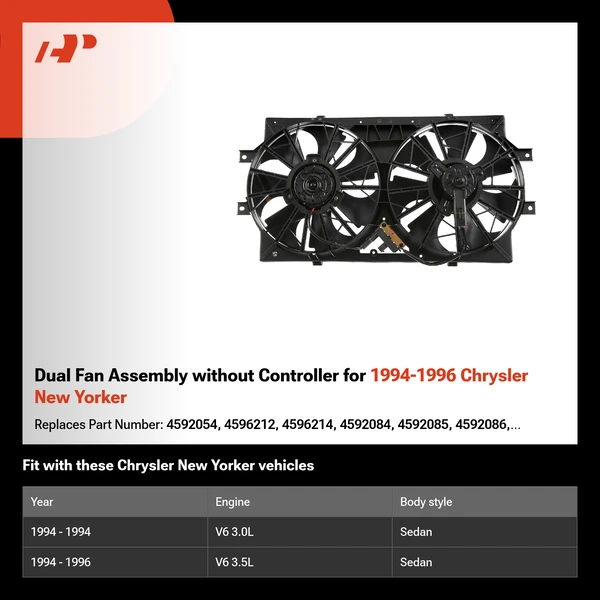 Dual Fan Assembly without Controller for 1994-1996 Chrysler New Yorker