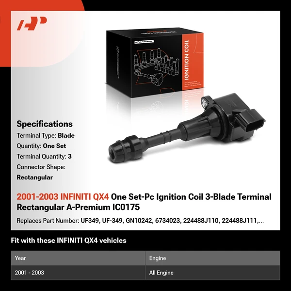 2001-2003 INFINITI QX4 One Set-Pc Ignition Coil 3-Blade Terminal Rectangular A-Premium IC0175
