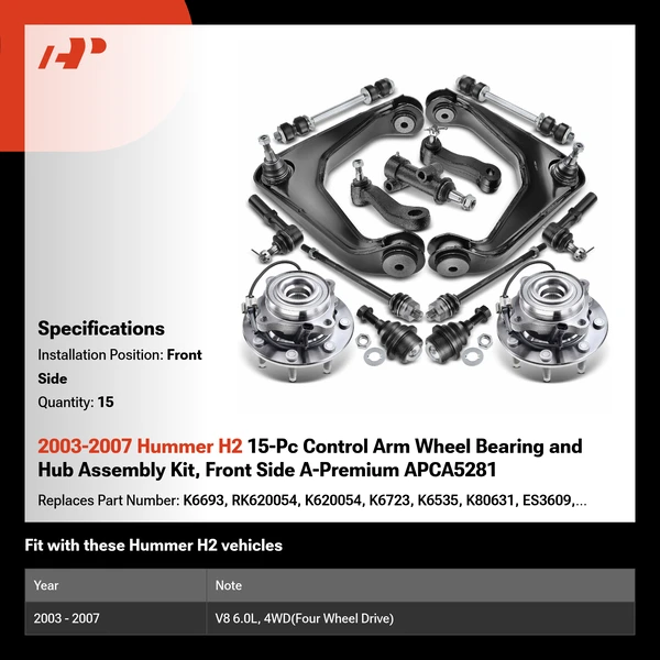 2003-2007 Hummer H2 15-Pc Control Arm Wheel Bearing and Hub Assembly Kit, Front Side A-Premium APCA5281