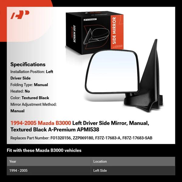 1994-2005 Mazda B3000 Left Driver Side Mirror, Manual, Textured Black A-Premium APMI538