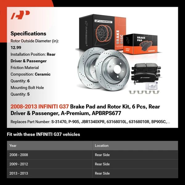 2008-2013 INFINITI G37 Brake Pad and Rotor Kit, 6 Pcs, Rear Driver & Passenger, A-Premium, APBRPS677