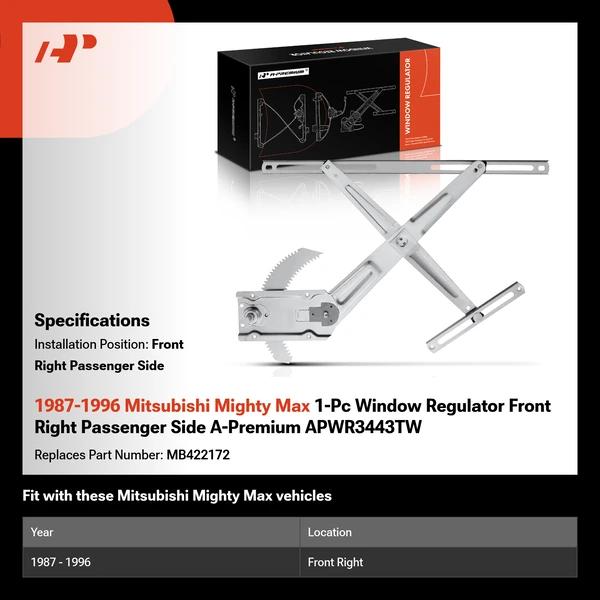 1987-1996 Mitsubishi Mighty Max 1-Pc Window Regulator Front Right Passenger Side A-Premium APWR3443TW