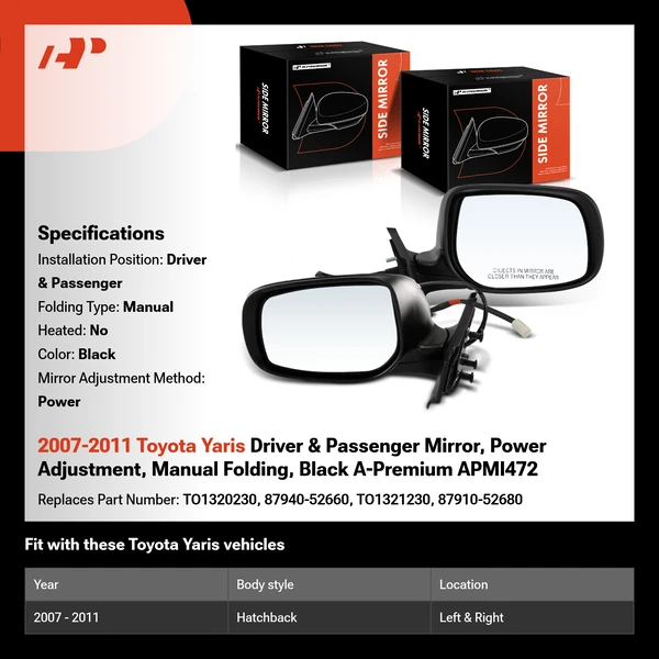 2007-2011 Toyota Yaris Driver & Passenger Mirror, Power Adjustment, Manual Folding, Black A-Premium APMI472