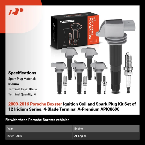 2009-2016 Porsche Boxster Ignition Coil and Spark Plug Kit Set of 12 Iridium Series, 4-Blade Terminal A-Premium APIC0690