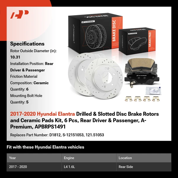 2017-2020 Hyundai Elantra Drilled & Slotted Disc Brake Rotors and Ceramic Pads Kit, 6 Pcs, Rear Driver & Passenger, A-Premium, APBRPS1491
