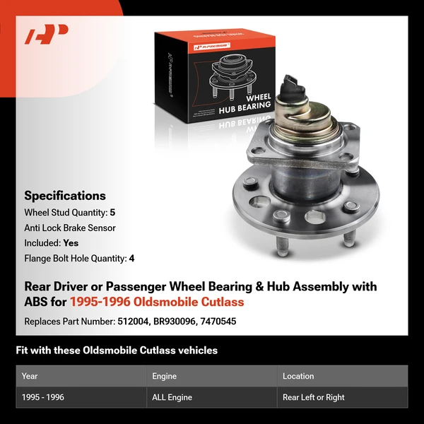 Rear Driver or Passenger Wheel Bearing & Hub Assembly with ABS for 1995-1996 Oldsmobile Cutlass