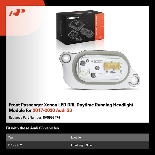 Front Passenger Xenon LED DRL Daytime Running Headlight Module for 2017-2020 Audi S3