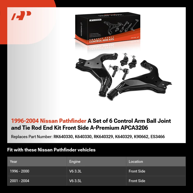 1996-2004 Nissan Pathfinder A Set of 6 Control Arm Ball Joint and Tie Rod End Kit Front Side A-Premium APCA3206