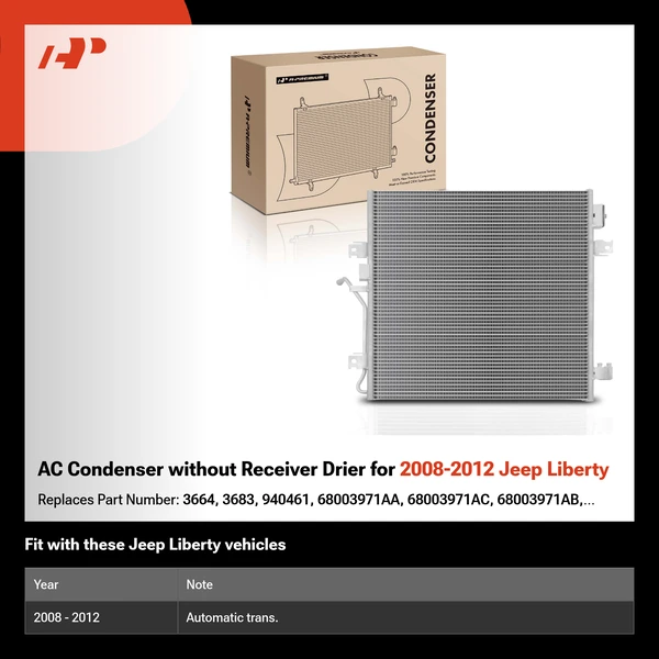 AC Condenser without Receiver Drier for 2008-2012 Jeep Liberty