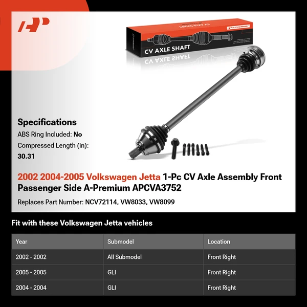 2002 2004-2005 Volkswagen Jetta 1-Pc CV Axle Assembly Front Passenger Side A-Premium APCVA3752
