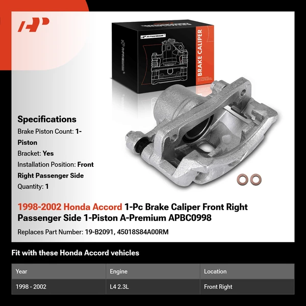 1998-2002 Honda Accord 1-Pc Brake Caliper Front Right Passenger Side 1-Piston A-Premium APBC0998
