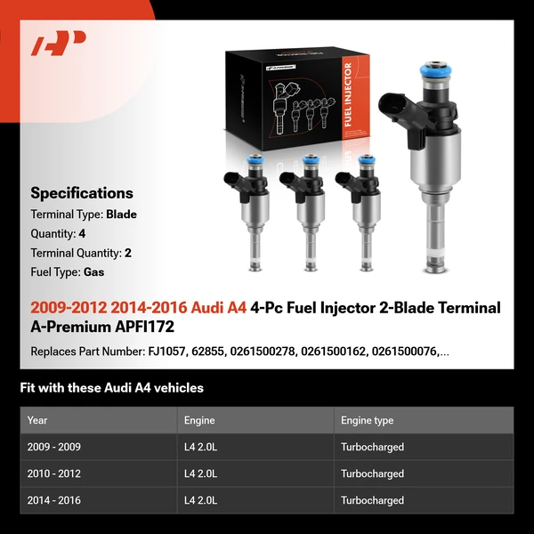 2009-2012 2014-2016 Audi A4 4-Pc Fuel Injector 2-Blade Terminal A-Premium APFI172