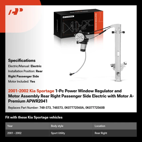 2001-2002 Kia Sportage 1-Pc Power Window Regulator and Motor Assembly Rear Right Passenger Side Electric with Motor A-Premium APWR2041