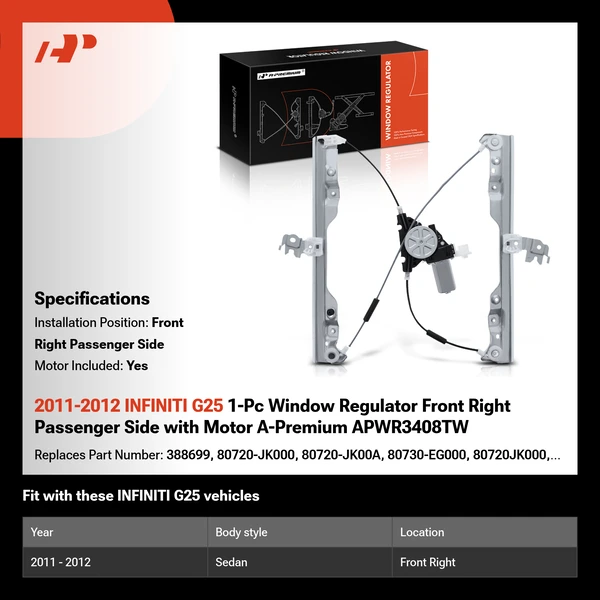 2011-2012 INFINITI G25 1-Pc Window Regulator Front Right Passenger Side with Motor A-Premium APWR3408TW