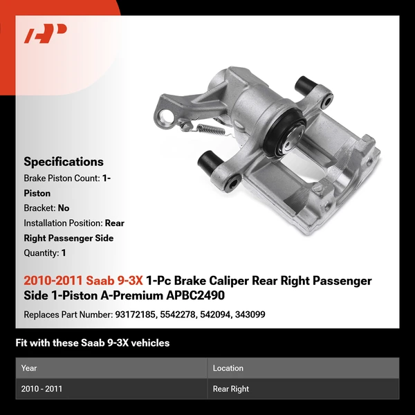 2010-2011 Saab 9-3X 1-Pc Brake Caliper Rear Right Passenger Side 1-Piston A-Premium APBC2490