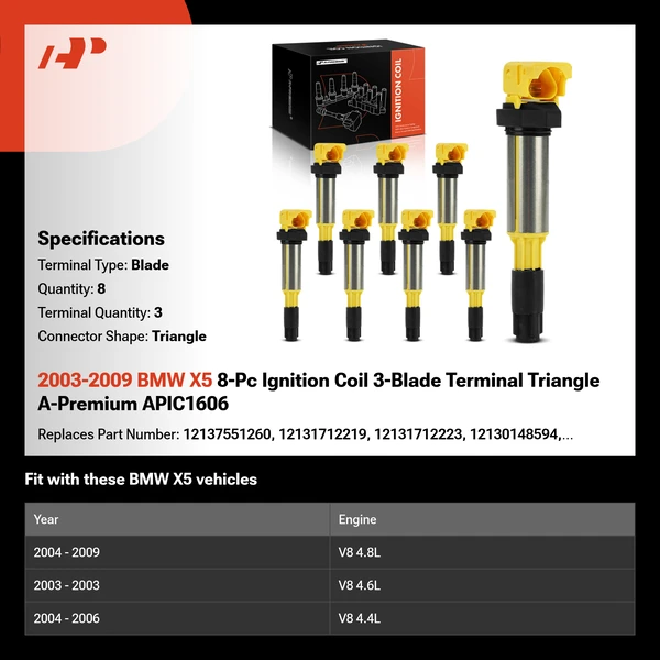 2003-2009 BMW X5 8-Pc Ignition Coil 3-Blade Terminal Triangle A-Premium APIC1606