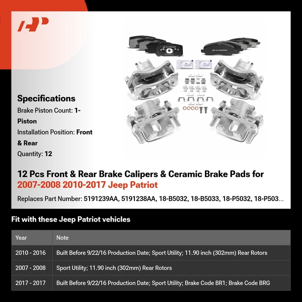 12 Pcs Front & Rear Brake Calipers & Ceramic Brake Pads for 2007-2008 2010-2017 Jeep Patriot