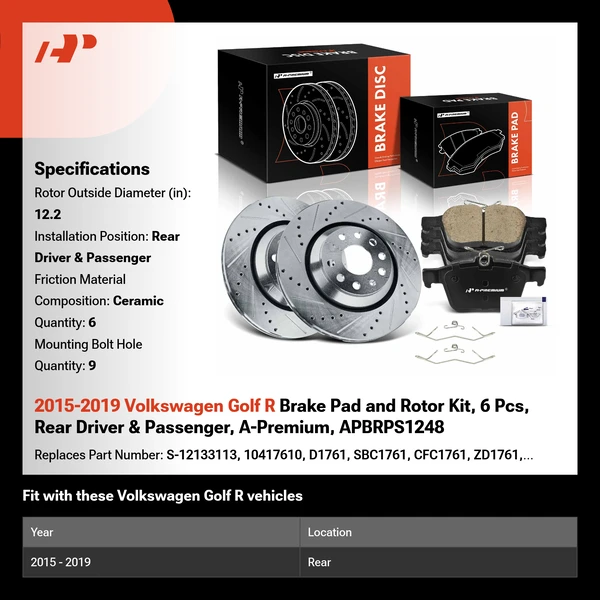 2015-2019 Volkswagen Golf R Brake Pad and Rotor Kit, 6 Pcs, Rear Driver & Passenger, A-Premium, APBRPS1248