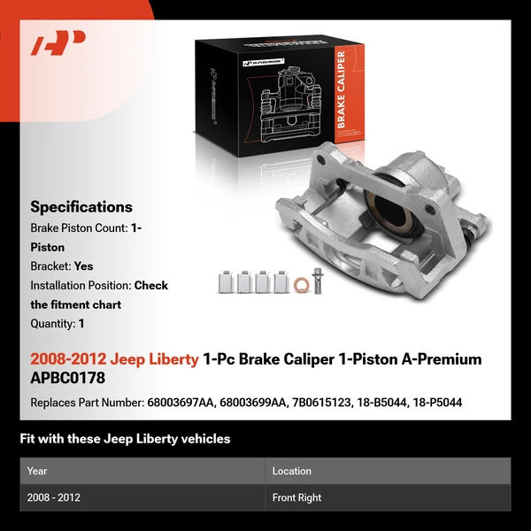 2008-2012 Jeep Liberty 1-Pc Brake Caliper 1-Piston A-Premium APBC0178