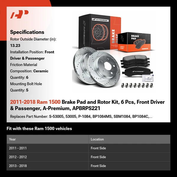 2011-2018 Ram 1500 Brake Pad and Rotor Kit, 6 Pcs, Front Driver & Passenger, A-Premium, APBRPS221