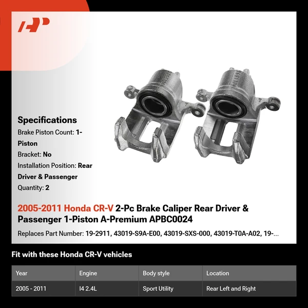2005-2011 Honda CR-V 2-Pc Brake Caliper Rear Driver & Passenger 1-Piston A-Premium APBC0024