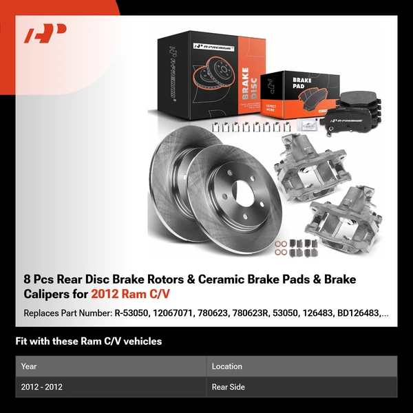8 Pcs Rear Disc Brake Rotors & Ceramic Brake Pads & Brake Calipers for 2012 Ram C/V