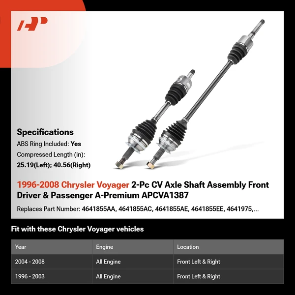 1996-2008 Chrysler Voyager 2-Pc CV Axle Shaft Assembly Front Driver & Passenger A-Premium APCVA1387