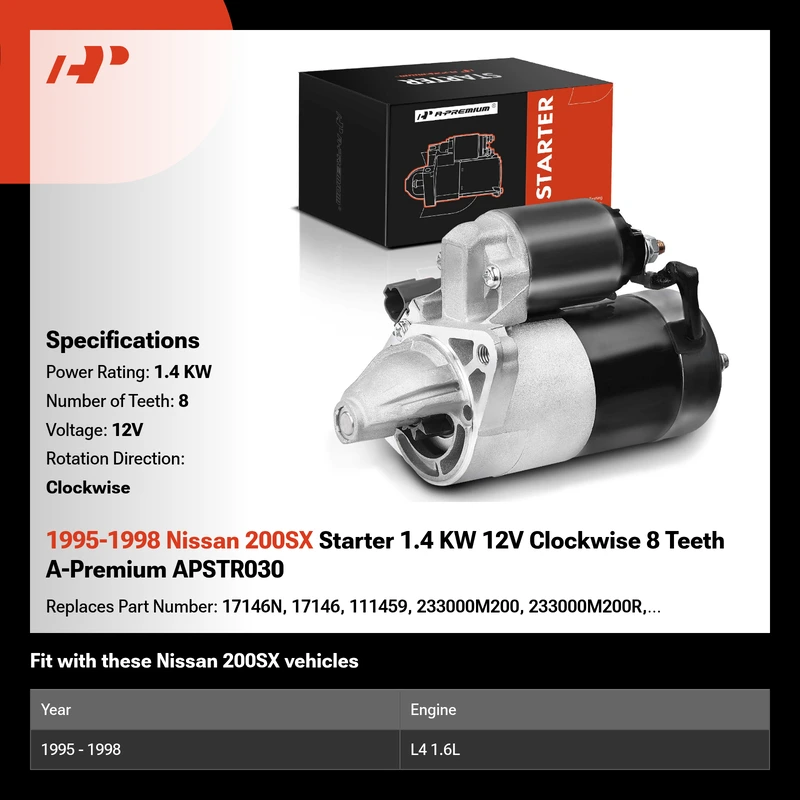 1995-1998 Nissan 200SX Starter 1.4 KW 12V Clockwise 8 Teeth A-Premium APSTR030