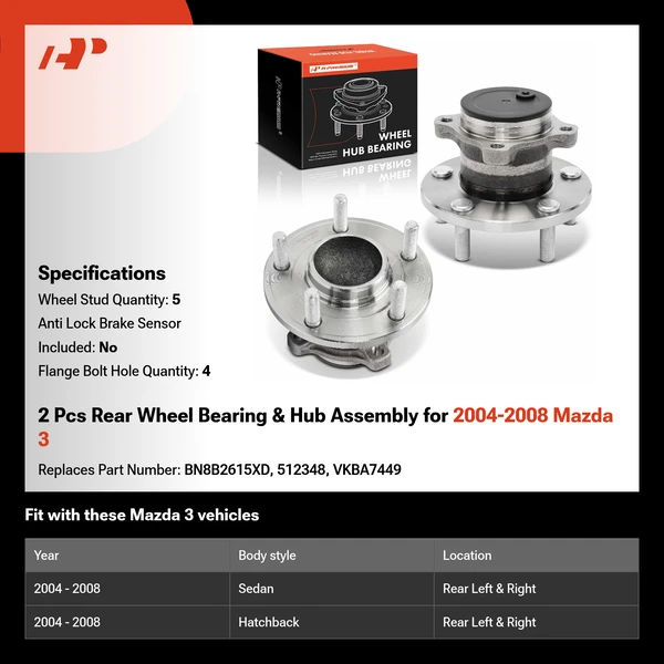 2 Pcs Rear Wheel Bearing & Hub Assembly for 2004-2008 Mazda 3